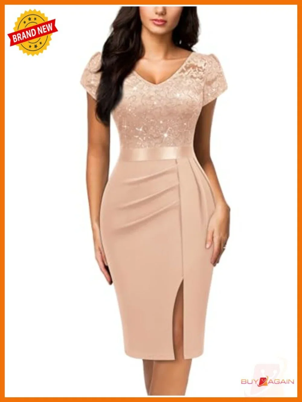 V-Neck Sequin Lace Cocktail Party Dress Puff Sleeve Knee Length
